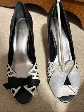 LOFT Black and White Lattice Peep-Toe Bow Heels